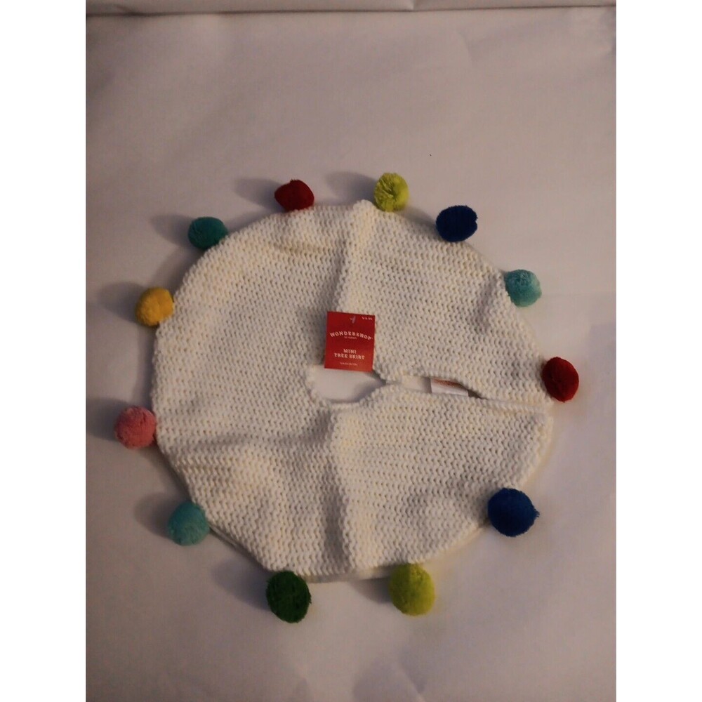 Knit Mini Christmas Tree Skirt Off-White with Multicolor PomPoms 18" Diameter